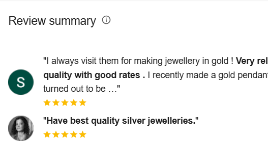 Review summary of jewelry store with customer feedback on quality and rates.